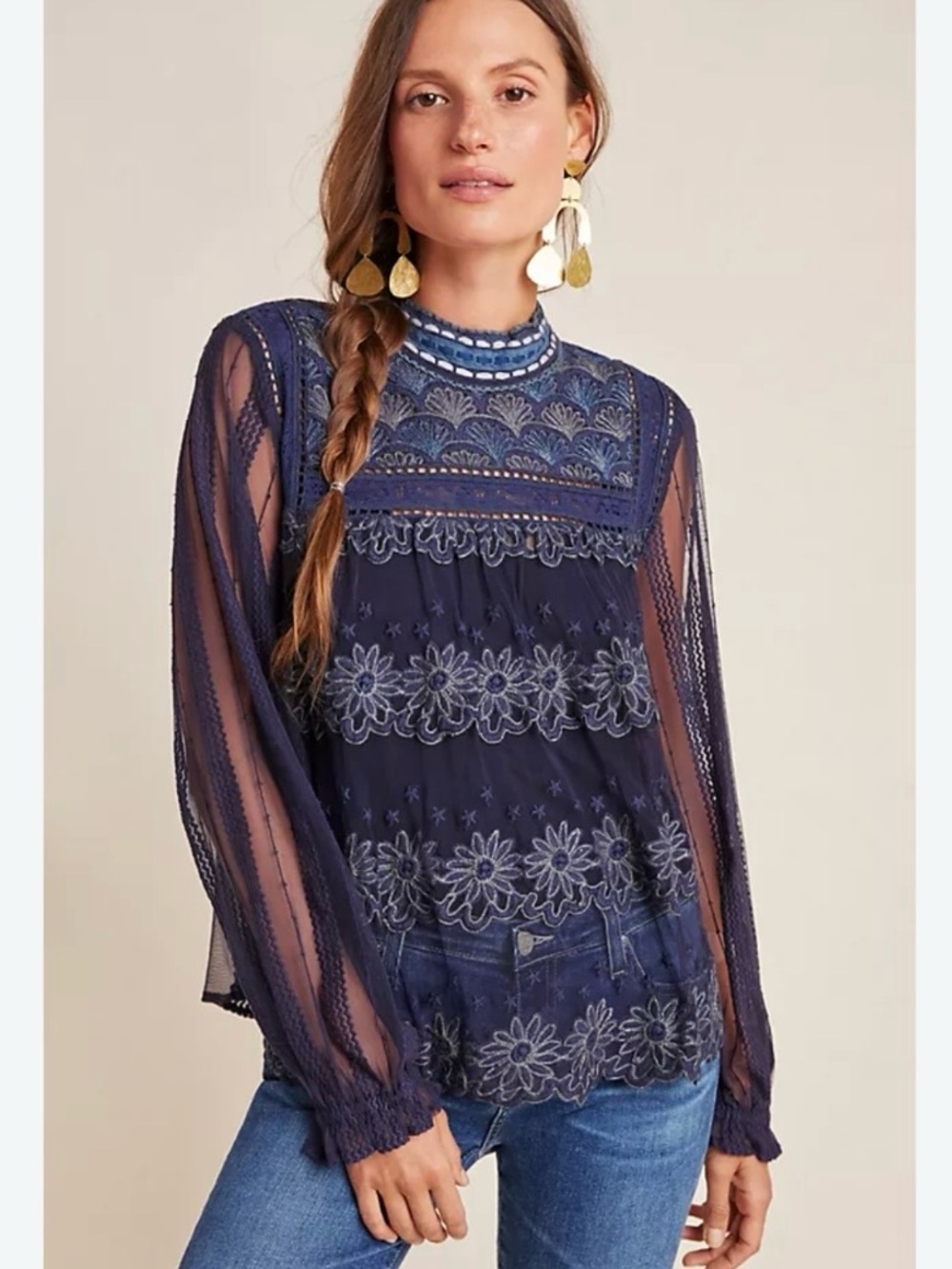 Anthropologie Blank London Massey Embroidered Lace  Mesh Blouse Top size medium
